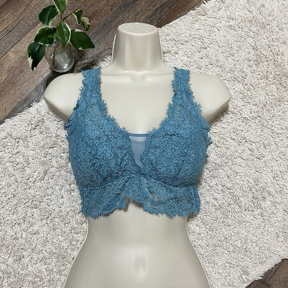 Aerie Teal Blue Eyelash Lace Mesh Wireless Padded Plunge J-Hook Bralette - Picture 2 of 6